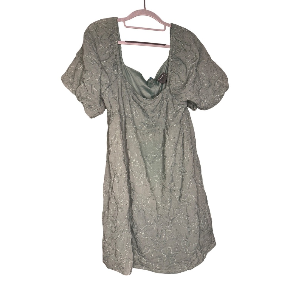Arula mini green floral embroidered puff sleeve scoop neck mini dress boho fairy
